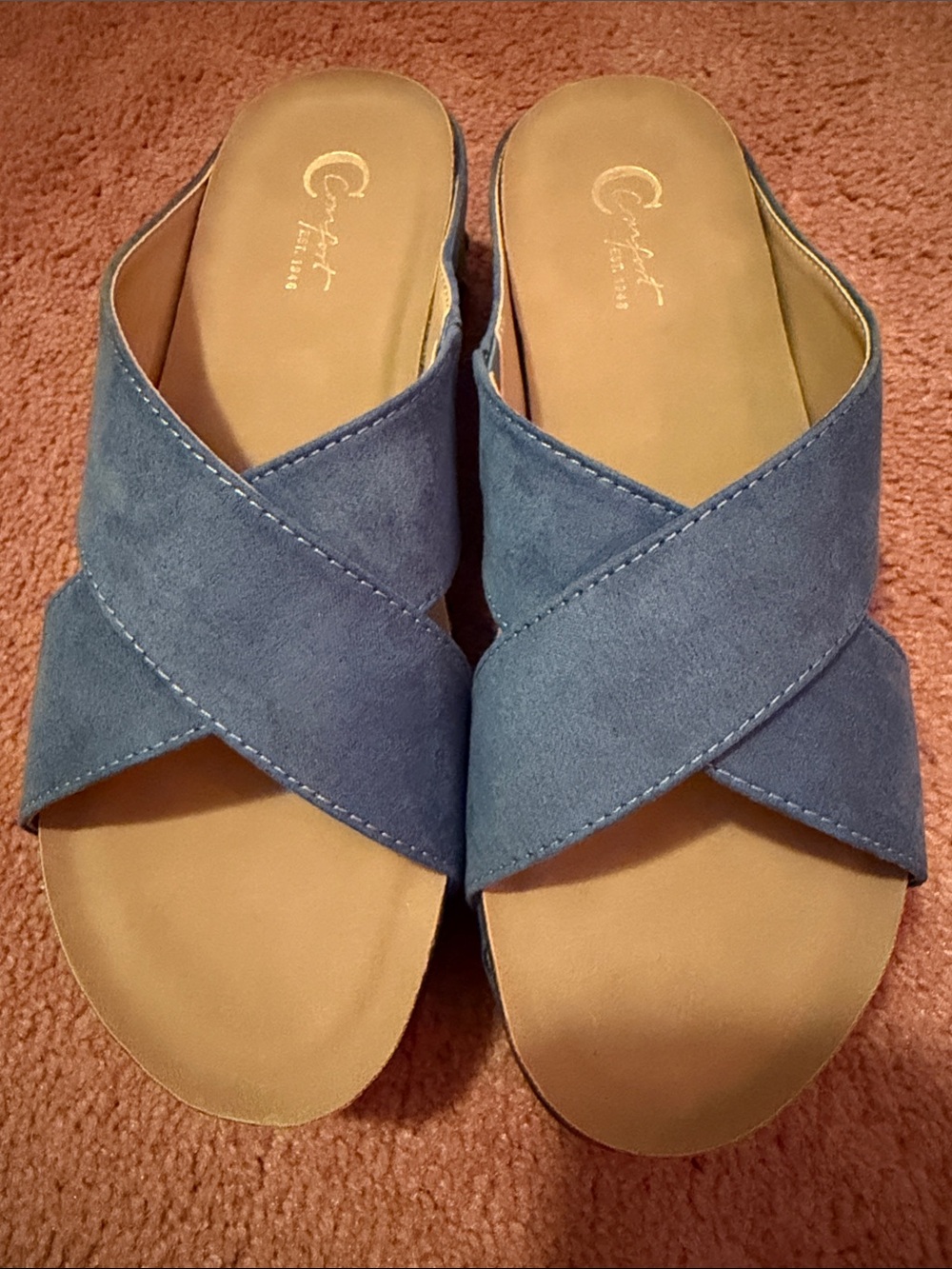 Comfort Plus Crisscross Blue Suede Slide Mules
